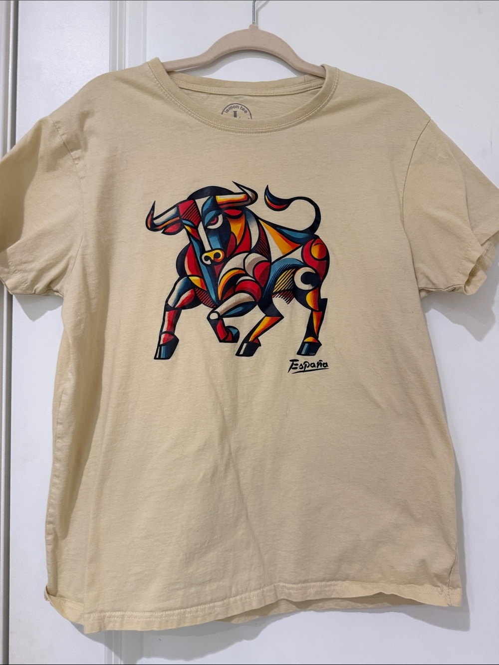 Beige Graphic Tee with Colorful Bull Motif
